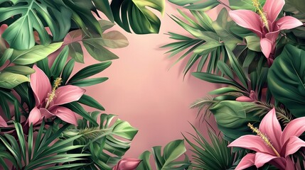 Pink flowers and lush green tropical leaves frame a pink background, creating a vibrant, botanical composition ideal for design projects.