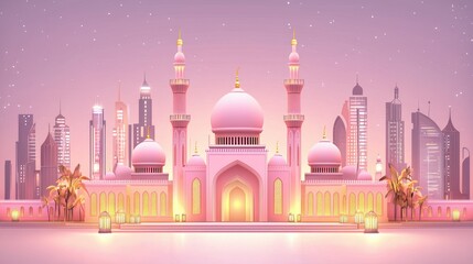 Fototapeta premium Pink mosque at sunset with city skyline.
