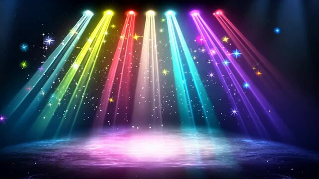 A vibrant vector illustration of a disco ball bursting with bright rays of light, creating a shimmering, colorful backdrop of stars and space, perfect for festive designs