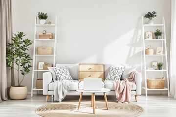 Cozy Scandinavian-style living room with white sofa, wooden furniture, decorative items, and indoor plants on a neutral-toned background. Minimalist decor. Ai generative