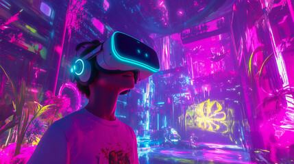 gamer wearing VR goggles immersed in a colorful virtual world, glowing neon surroundings