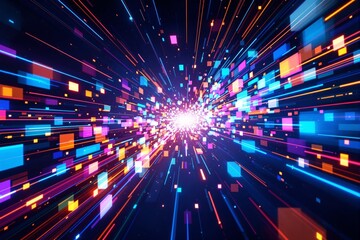 Obraz premium Vibrant squares and streaks in motion, forming a digital explosion effect on a dark background. Concept of speed, technology, and innovation. Ai generative