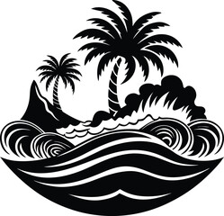 Obraz premium island waves black and white silhouette vector design