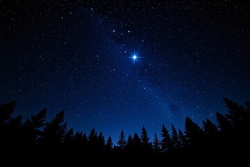 Naklejka premium Starry night sky with a glowing bright star above a silhouette of pine trees, on a serene dark blue background. Concept of nature and tranquility. Ai generative