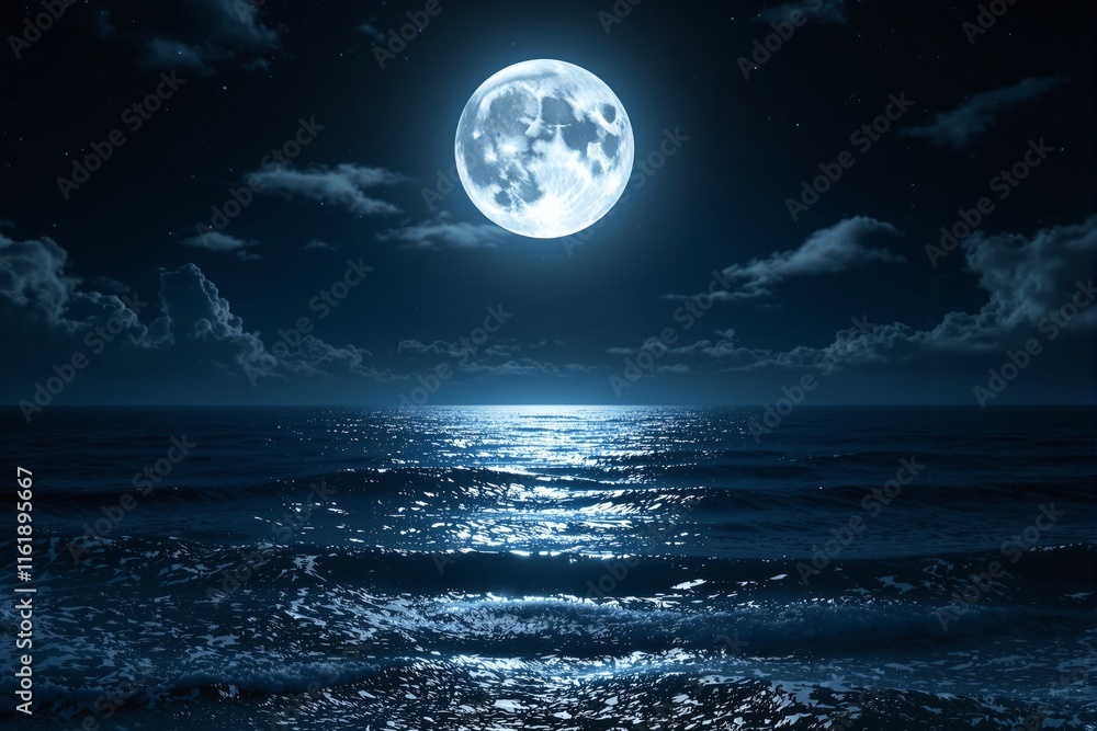 Poster full moon shining over rippling ocean waves under a starry sky and scattered clouds, creating serene