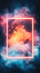 Fototapeta premium Vibrant neon frame with colorful cosmic watercolor splash