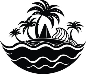 island waves black and white silhouette vector design