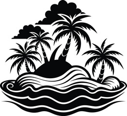 island waves black and white silhouette vector design