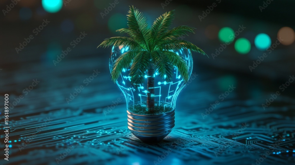 Poster a light bulb with a palm tree inside of it