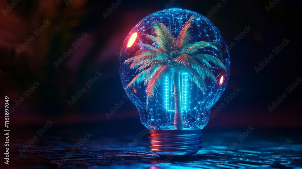 Poster a light bulb with a palm tree inside of it