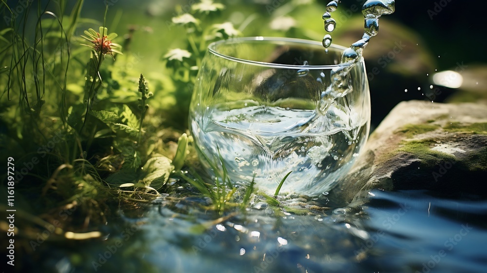 Poster closeup view of crystal clear freshwater gently flowing from a natural spring source into a transpar