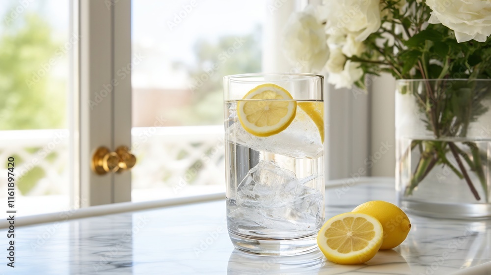 Poster a clear glass filled with sparkling water and fresh lemon slices resting on a sleek marble counterto