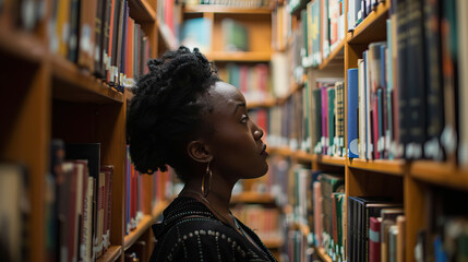 African American woman browsing bookshelves in a library filled with colorful books while searching for knowledge and information