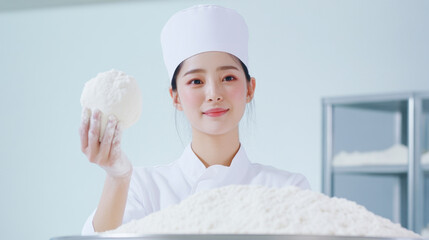 Instant noodle factory, A worker checks temperature and consistency in a professional setting, highlighting safety and quality control processes.