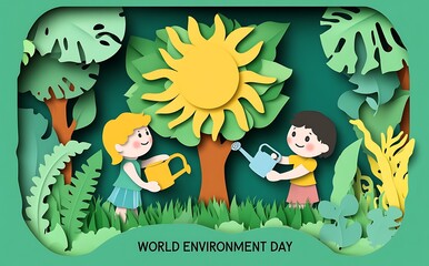 Naklejka premium World Environment Day concept banner with paper-cut children and a tree
