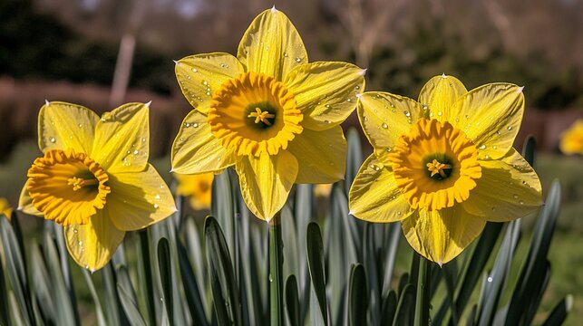 shot of a bright yellow daffodil with droplets of water clinging to the petals and soft light creating a refreshing effect. 