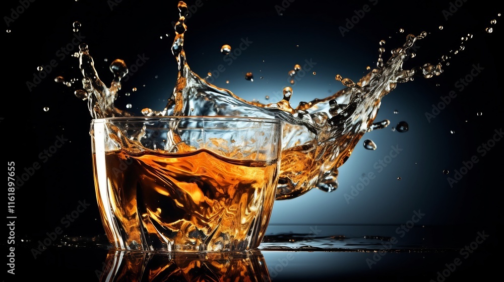 Poster dramatic splash of crystal clear water bursting forcefully from a transparent glass creating a dynam