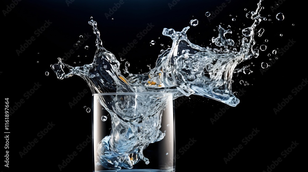 Aufkleber dramatic crystal clear glass filled with water splashing out creating a dynamic abstract liquid moti