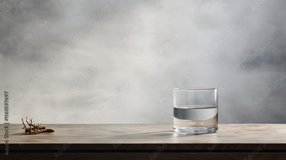 Poster a calm and serene minimalist setting featuring a single glass of water placed on a smooth textured s