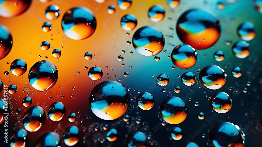 Poster a captivating close up shot of water droplets creating mesmerizing patterns and reflections on a smo