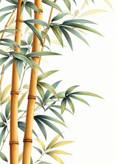 Bamboo stalks with lush green leaves on light background