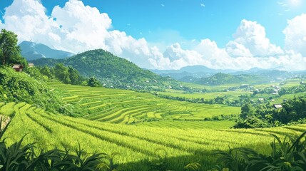 Fototapeta premium A field of green grass with a house in the distance