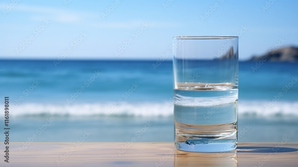 Poster a single glass of water placed on a serene beach with the calm ocean and horizon visible in the back