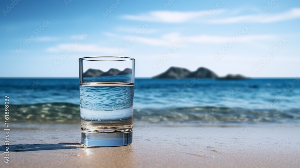 Poster a single glass of refreshing water resting on the sandy beach with the tranquil ocean waves and hori