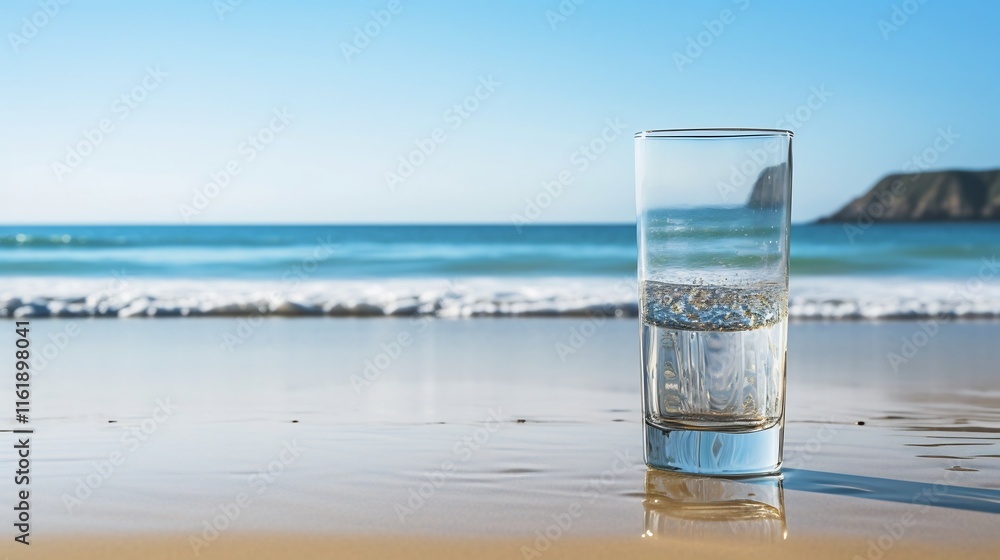 Poster a single glass of water placed on a serene beach with the vast and calming ocean serving as the back
