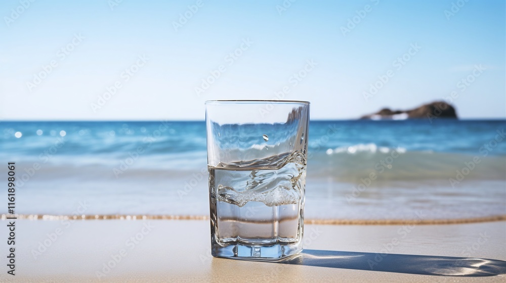 Poster a single glass of pristine water placed on a tranquil beach with the serene ocean and horizon in the
