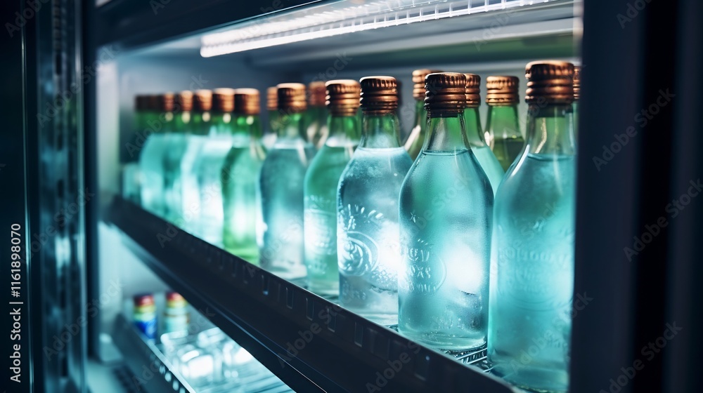 Aufkleber a row of chilled water bottles neatly arranged inside an open refrigerator with soft natural lightin