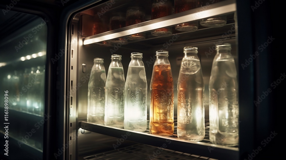 Poster rows of clear chilled water bottles neatly arranged on the shelves of an open refrigerator with soft