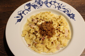 German cuisine: käsespätzle (baked spätzle and grated cheese with fried onions)