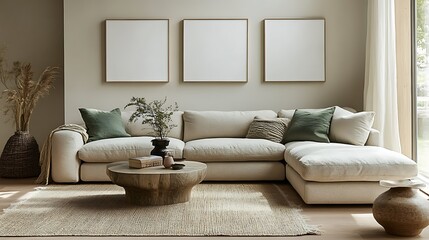Fototapeta premium Modern living room interior design with beige sectional sofa, wooden coffee table, neutral color scheme, and blank frames.