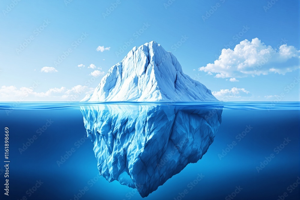 Poster iceberg floating in a calm ocean, showing its visible and submerged parts, under a clear blue sky wi