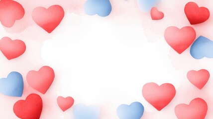 A colorful background featuring red and blue hearts, creating a romantic and cheerful atmosphere, with a blank space in the center.
