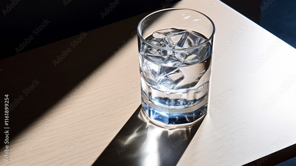 Poster a simple elegant glass of clear cool water surrounded by a few scattered ice cubes resting on a smoo