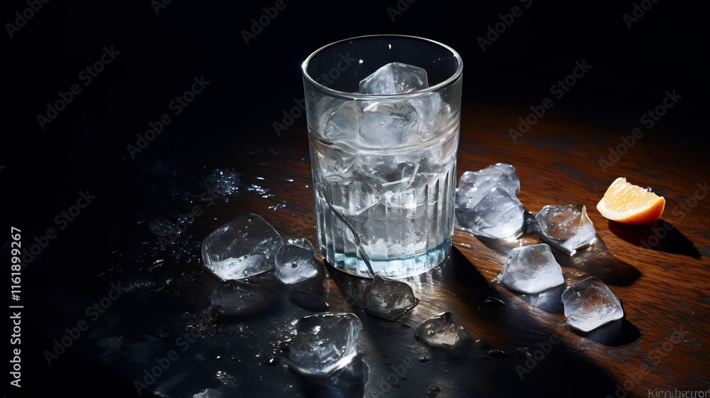 Poster Transparent Glass of Clear Water with a Few Scattered Ice Cubes Resting on a Wooden Table Creating a Minimalist and Serene Composition