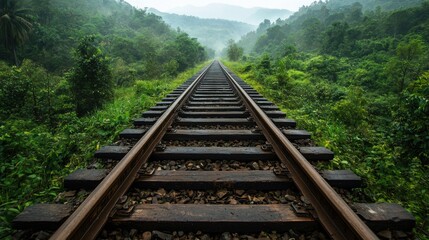 Fototapeta premium Enigmatic Railway Passage Through Lush Forest Canopy - Journey and Discovery Concept