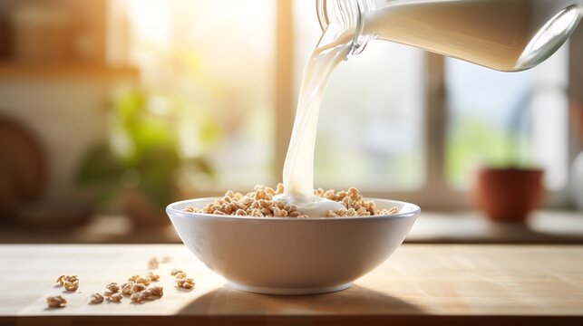 Pouring fresh milk over a bowl of cereal in a bright airy and minimalist kitchen setting  This scene showcases a healthy and balanced breakfast meal with natural ingredients