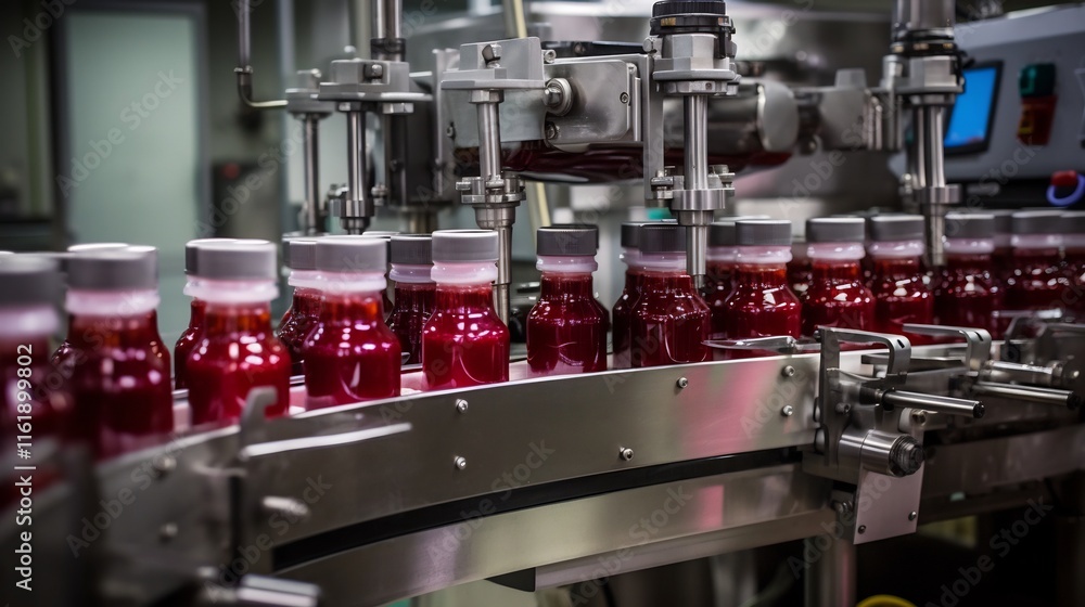 Poster automated equipment efficiently filling and sealing bottles of various sauces on a high speed convey