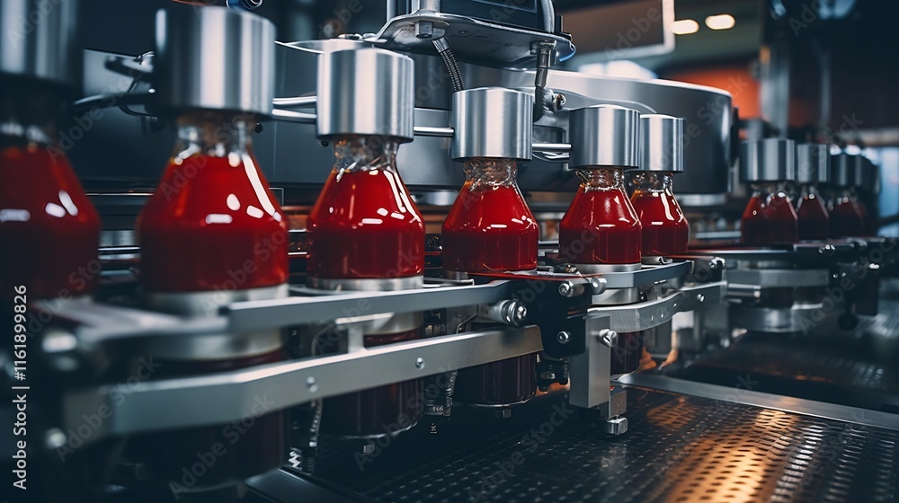 Poster automated machinery filling and sealing bottles of various sauces or condiments on an efficient prod