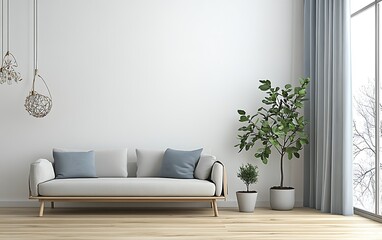 Minimalist living room interior with light grey sofa, blue cushions, plants, and large window.