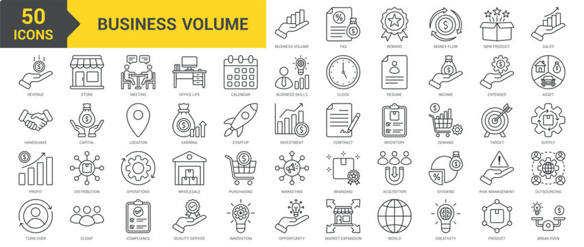 Business Volume icon collection set. Containing tax, reward, money flow, new product, sales, revenue, deal, profit, turnover, store, meeting, office life, business skills icon. Simple line vector