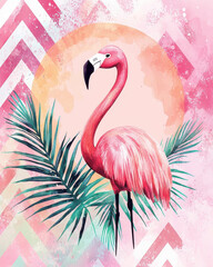 Flamingo with palm leaves and chevron pastel background