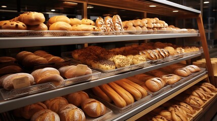 Pristine and Organized Bakery Setting with Display of Freshly Baked Breads Pastries and Other Delectable Confections Ready for Retail Service and Consumption