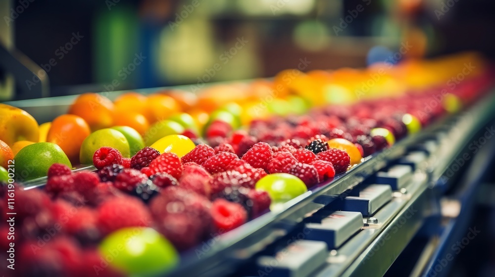 Poster efficient fruit sorting and packaging in high speed processing line fresh produce moving through aut