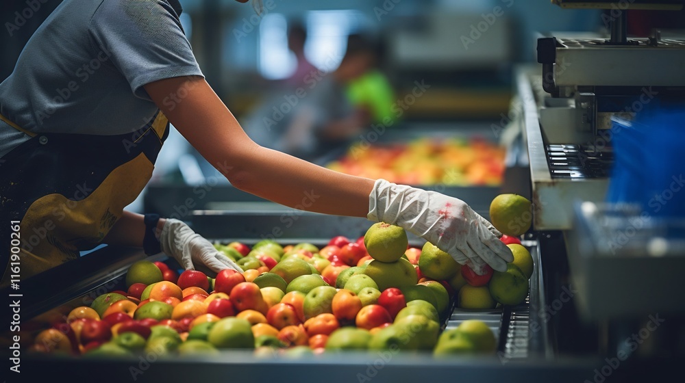 Poster high speed fruit sorting and packaging on conveyor line in industrial processing facility automated 