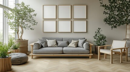 Minimalist living room interior design with gray sofa, wooden furniture, plants, and blank frames on wall.