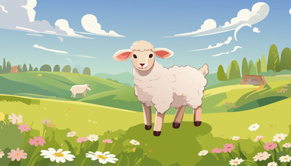 Sheep in the meadow. Cute cartoon vector illustration.